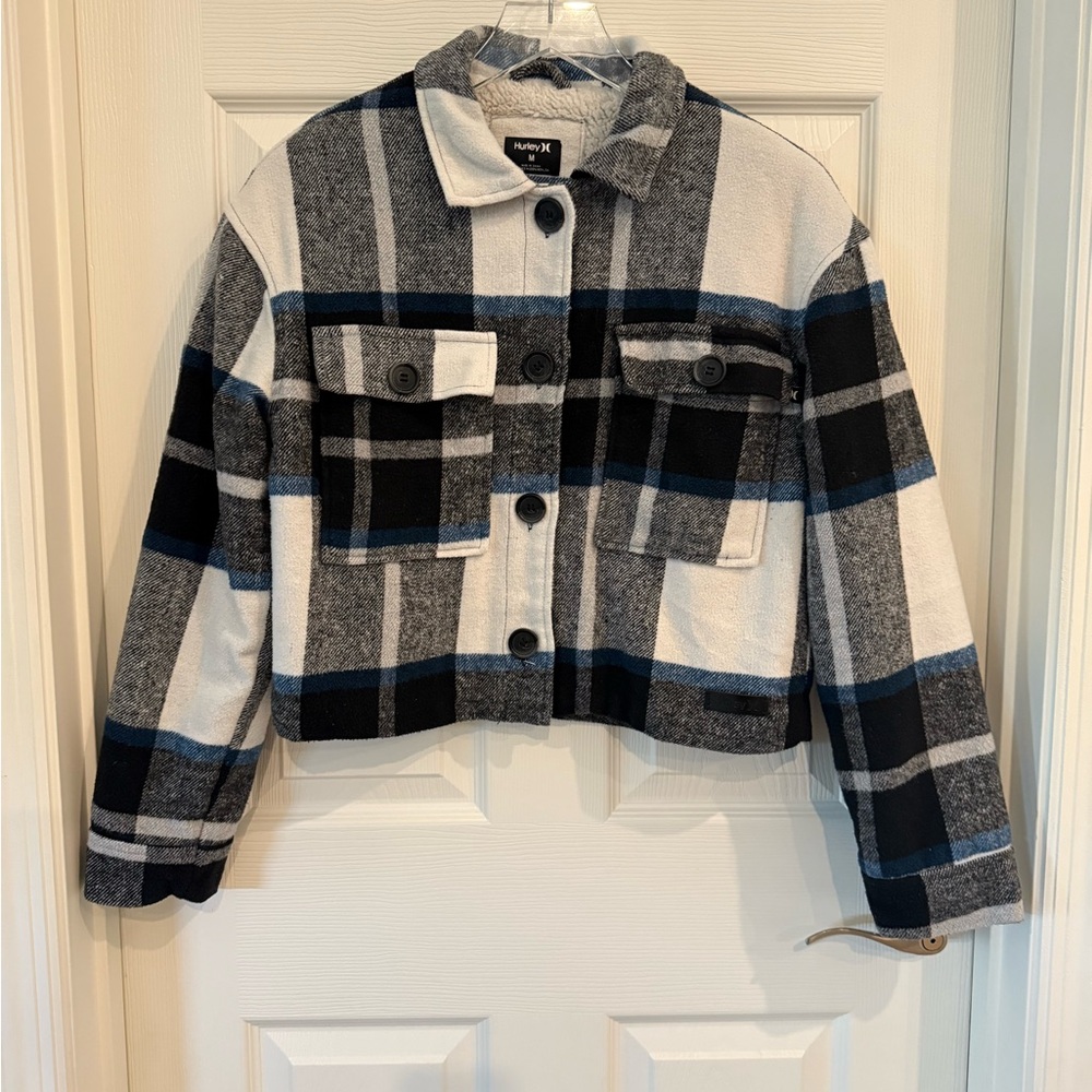 HURLEY Plaid Shacket Jacket sherpa cropped short - Black, White, and Blue